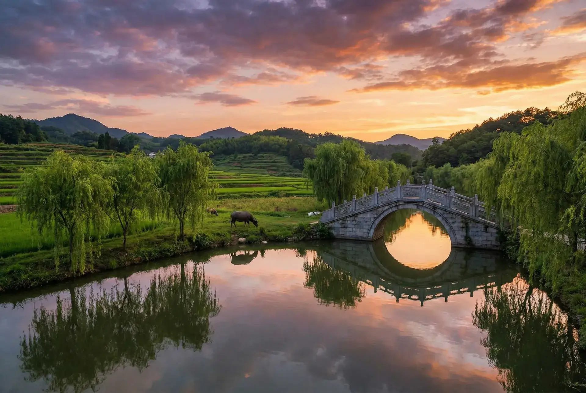 夕阳下的石拱桥与垂柳，水牛在河边吃草 - 白洁高义篇 乡村美景